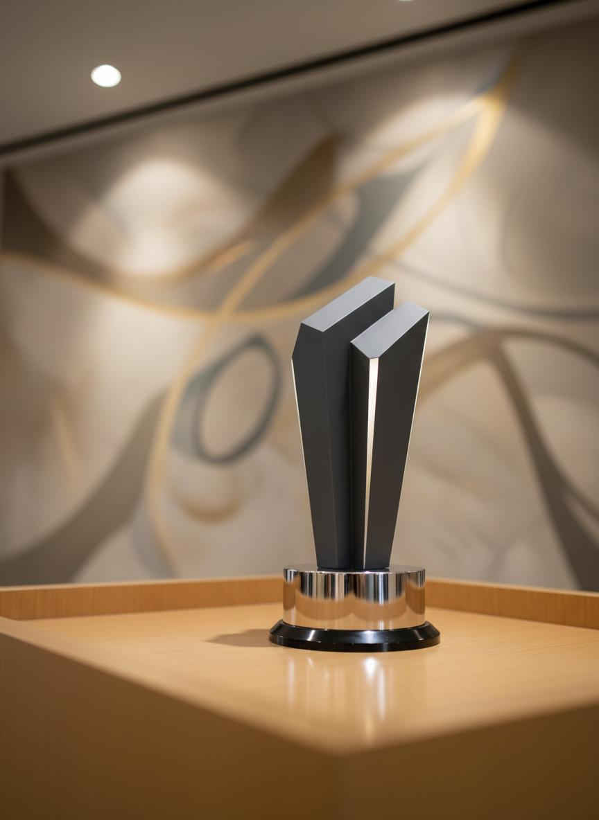 A sleek, matte charcoal trophy with sharp geometric lines and a polished silver base stands atop a smooth, pale wood podium. Behind it is a softly blurred backdrop of a neutral-toned abstract mural that hints at community and achievement. Subtle overhead spotlights create soft highlights that outline the trophy’s edges and cause a subtle reflection on the podium surface. The mood is proud and inspirational, commending academic achievement and future aspiration. The image is shot at a low-angle perspective with a rule-of-thirds composition, placing emphasis on the trophy’s stature and the organization’s ethos of excellence. The image adheres to a photographic, corporate aesthetic aligning with the foundation’s focus on recognizing youth success.