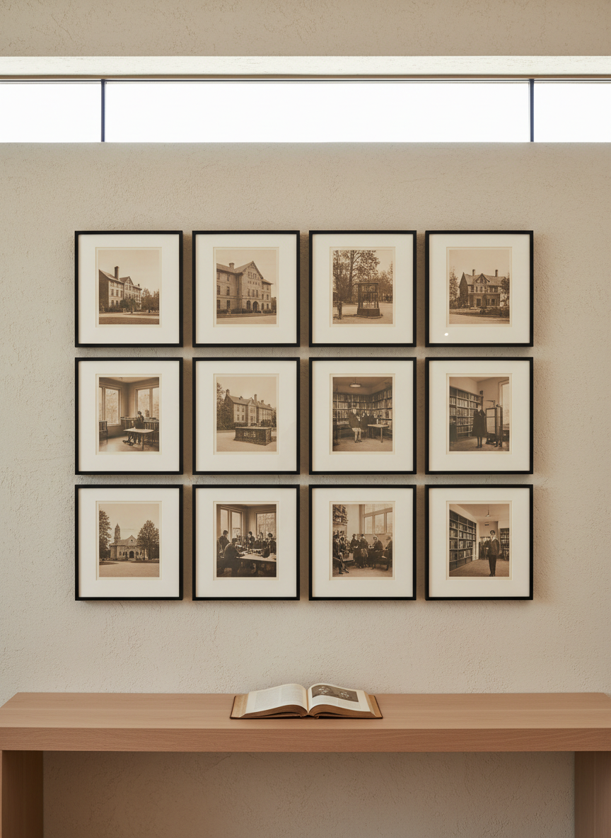 An archival collection of historic sepia-toned photographs carefully mounted in sleek black frames, arranged in a clean grid on a textured, neutral wall. A modern, minimalist table in light ash wood is positioned in front, holding a single open vintage yearbook. Controlled daylight from a high clerestory window casts soft, diffuse illumination across the wall, bringing out the texture of old photographs while maintaining a calm, contemplative atmosphere. Captured at a straight-on angle with symmetry and balance, the image creates a sense of legacy and history. The photographic style is crisp, understated, and professional, designed to highlight the foundation’s roots and heritage.